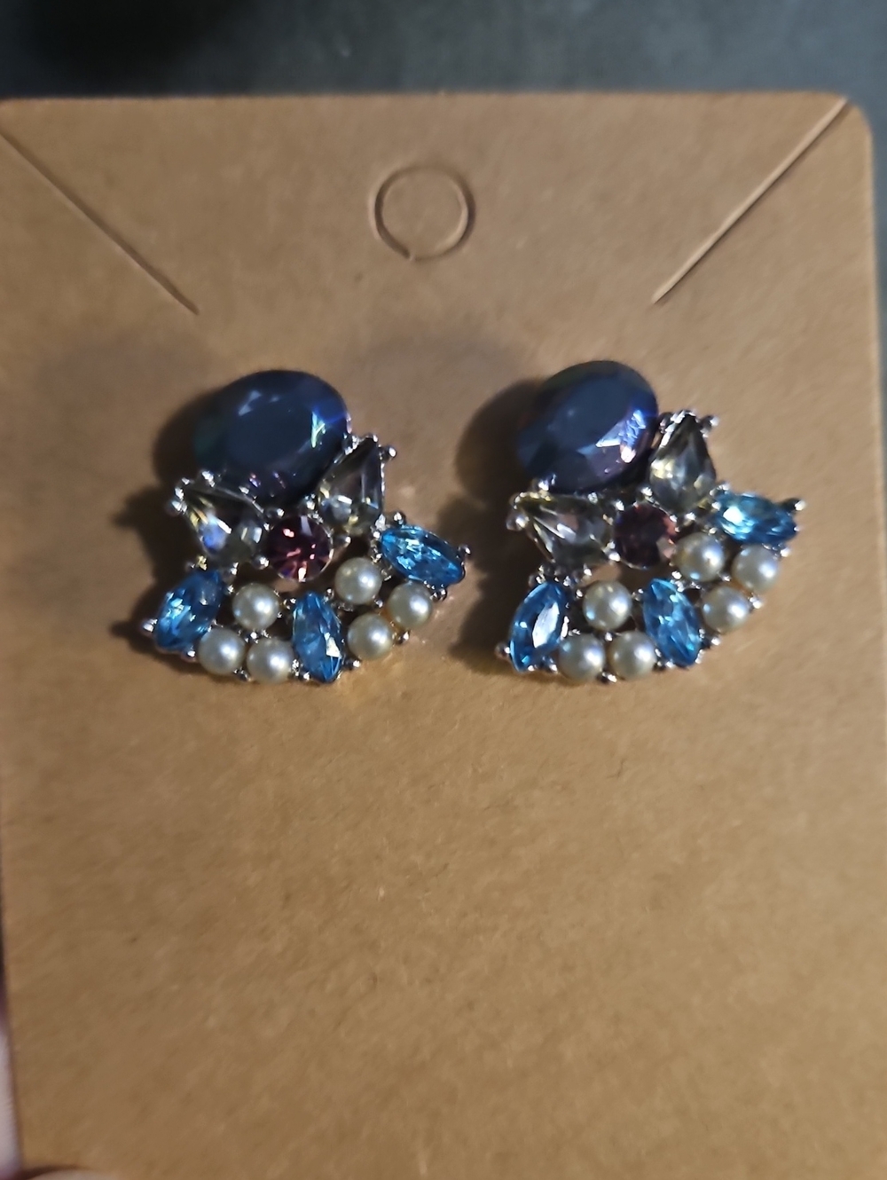 Blue Crystal and Pearl Cluster Stud Earrings with Multitone Accents